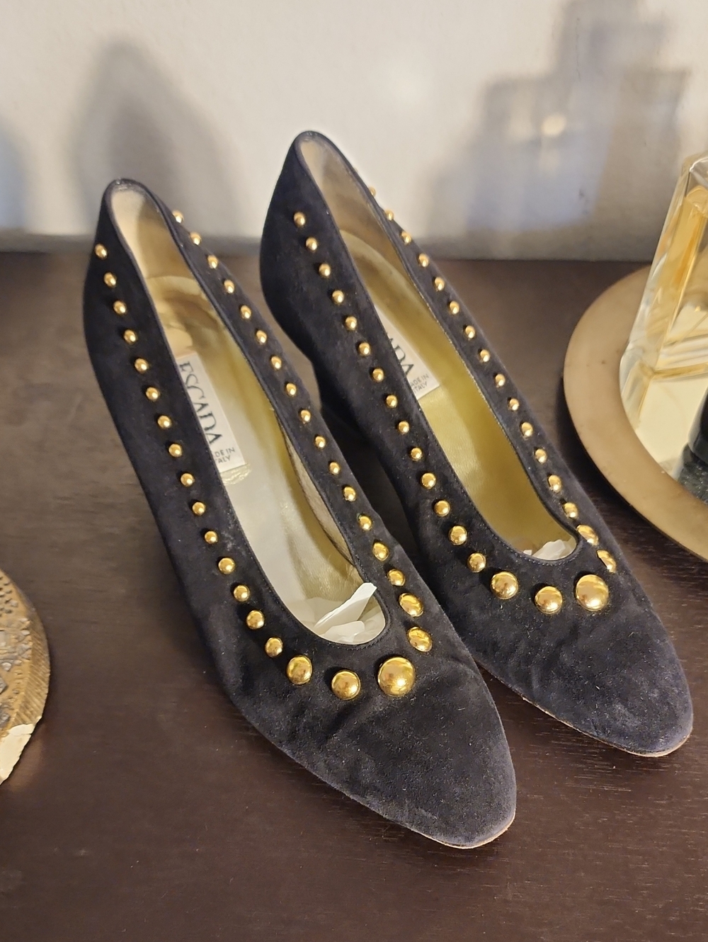 Escada Black Suede Pumps with Gold Stud Detailing